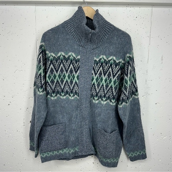 Vintage Clipper Mist Men’s Size XL Blue & Green Knit Zip Up Cardigan Sweater - Picture 2 of 11